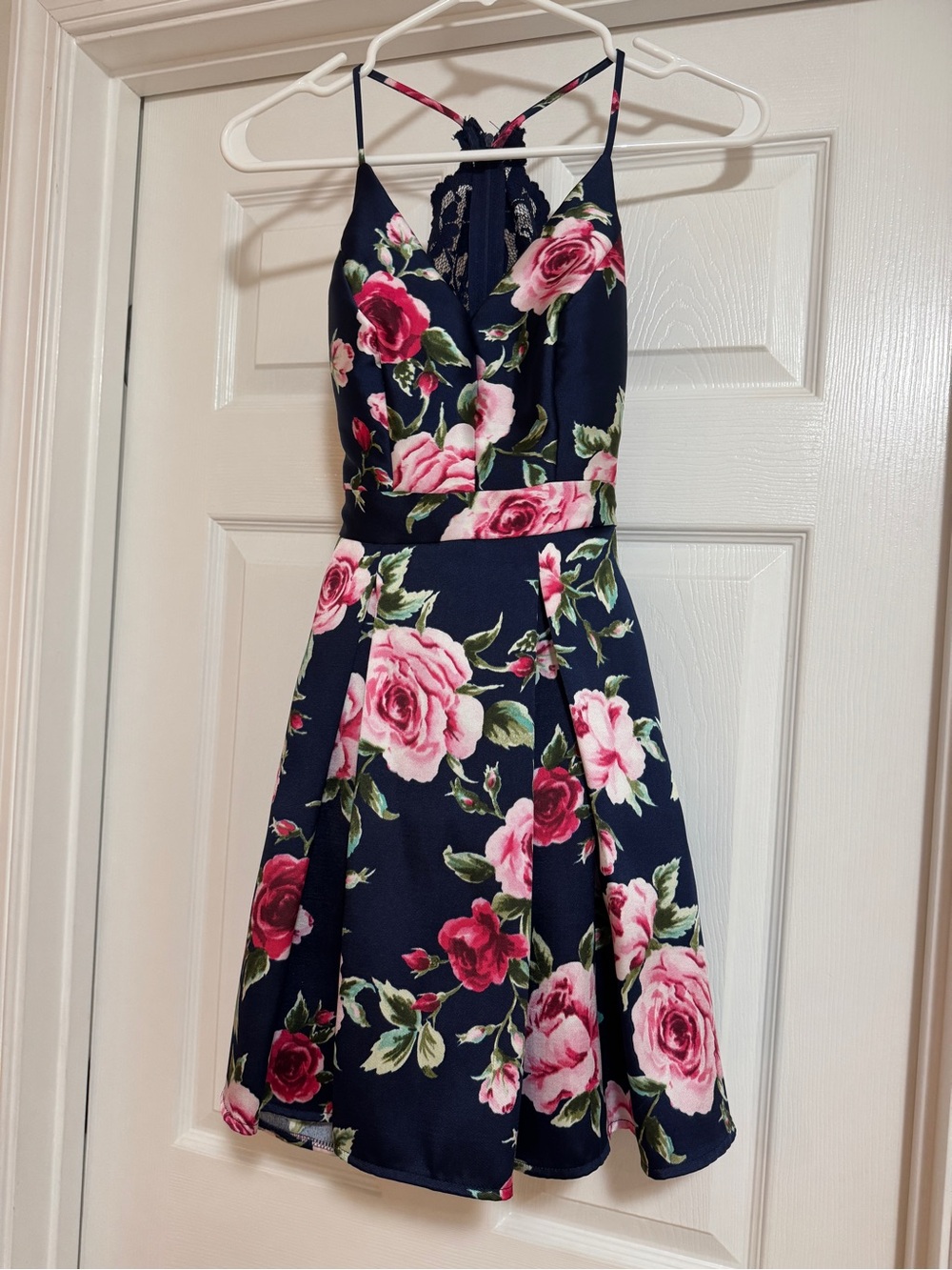 B. Smart Navy Mini Dress with Pink Rose Print